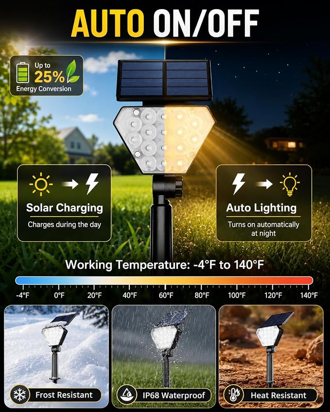 T-SUN Solar Lights Outdoor Waterproof IP65, 6Pack LED Solar Spot Lights Color Changing IP65 Waterproof Smart Auto On/Off for Outside Landscape Garden Yard Lawn Pathway Patio Driveway - Image 4