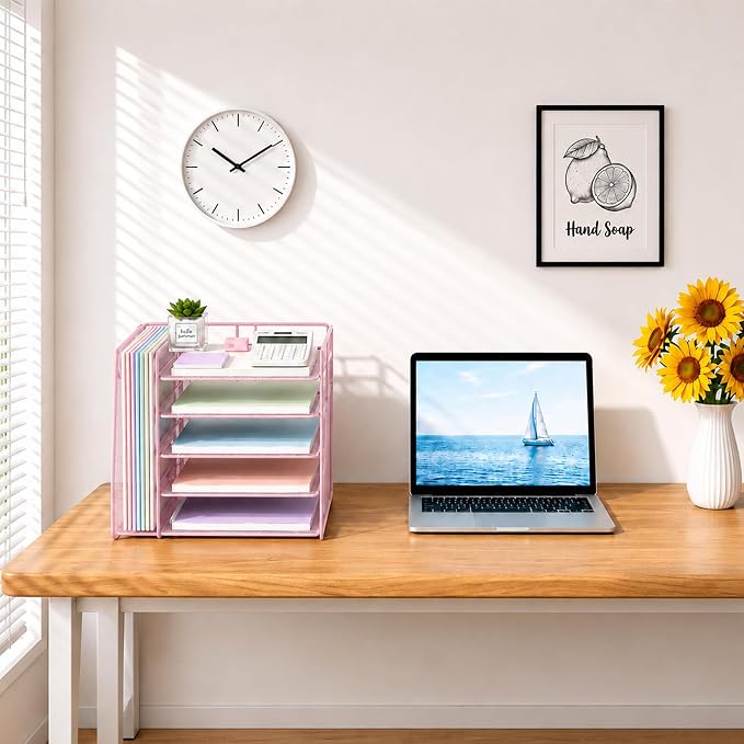 OPNICE Desk Organizer, 5-Tier Paper Organizer Letter Tray with Magazine Holder, Office Desk Accessories & Workspace Organizers, Desktop File Organizer for Office Supplies Storage, Pink - Image 6