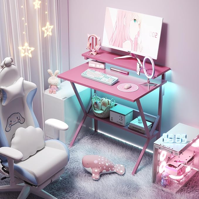 COTUBLR Small Desk, 27.5 Inch Small Computer Desk for Spaces, Computer Desks with Adjustable Monitor Stand, Compact Desks with Storage, Tiny Study Table for Bedroom Home Office, Pink - Image 6