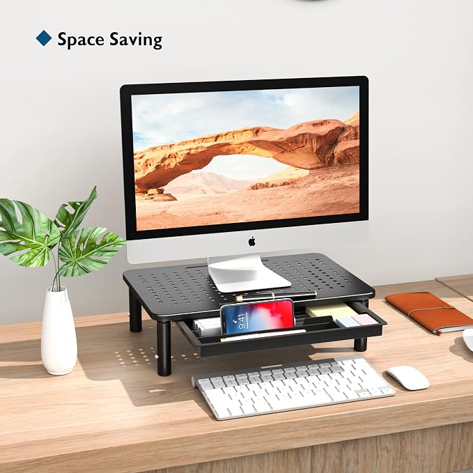 BONTEC 1 Pack Adjustable Monitor Stand Riser with Drawer, Supports 44lbs | Ergonomic Mesh Platform for Desk, Ventilated Laptop and PC Use with Cable Management for a Cooler, Organized Workspace - Image 2