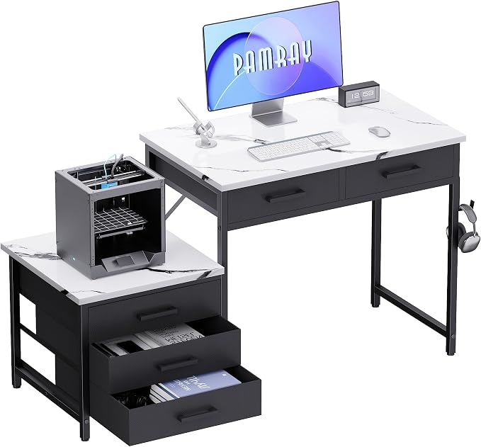 Pamray 47 inch Computer Desk with 5 Drawers and Printer Space for Office | Ample Storage, Space-saving, Easy Assembly, Sturdy, Suitable for Home Office, Study and Writing, Bedroom and Dorms by PAMRAY