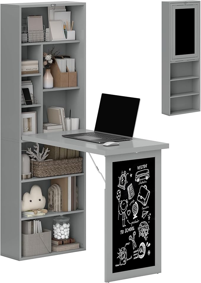 HOMCOM Foldable Desk Wall Mounted Convertible Table for Small Spaces, Gray | Wall Mounted, Space-Saving, Chalkboard, Storage Shelves, for Small Spaces, Home Office, Bedroom, Dorm, Apartment by HOMCOM