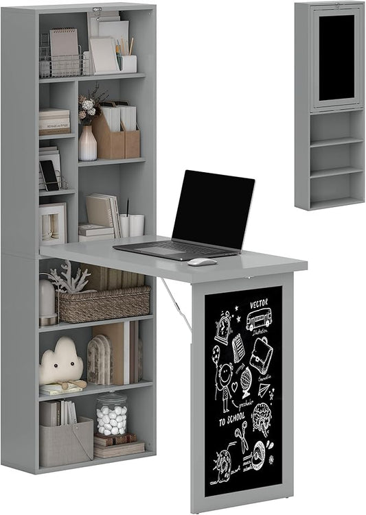HOMCOM Foldable Desk Wall Mounted Convertible Table for Small Spaces, Gray | Wall Mounted, Space-Saving, Chalkboard, Storage Shelves, for Small Spaces, Home Office, Bedroom, Dorm, Apartment by HOMCOM