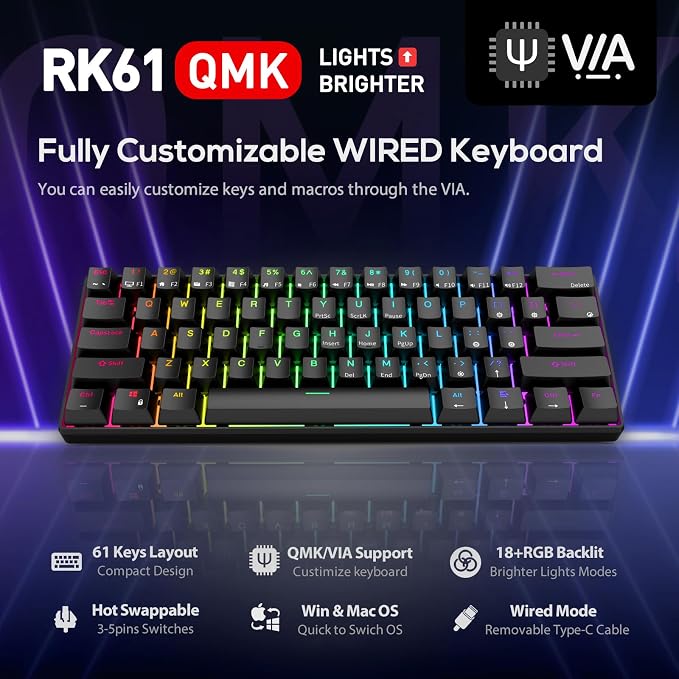 RK ROYAL KLUDGE RK61 Wired 60% Mechanical Gaming Keyboard Programmable QMK/VIA RGB Backlit 61 Keys Ultra-Compact Hot Swappable Blue Switch Black - Image 2