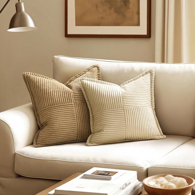 MIULEE Decorative Throw Pillow Covers for Couch Bed Livingroom 20x20 Inch Set of 2 Cream Boho Accent Throw Pllows Broadside Striped Patchwork Soft Corduroy Pillowcases - Image 2