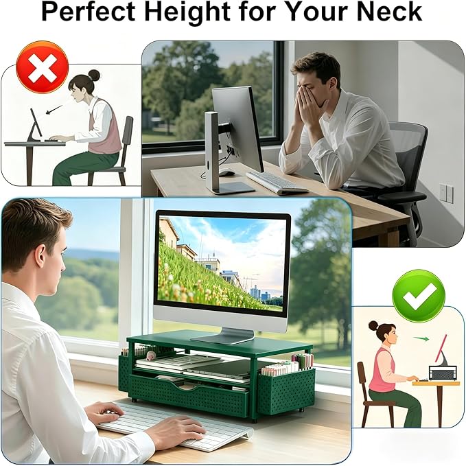 Spacrea Desk Organizer and Accessories, Computer Monitor Stand Riser with Drawer and 2 Pen Holders, Office Desk Accessories & Workspace Organizers for Office Supplies (Dark Green) - Image 3