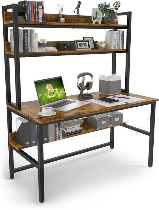 Aquzee Computer Desk with Hutch, 47“W x 23.6" D Desk with Shelves, Tall Home Office Desk with Bookshelf, Metal Legs Study Table with Upper Storage Shelf for Study Writing/Workstation by Aquzee