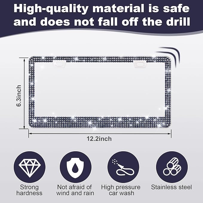 QUANQIUFEI 2 Pack Bling License Plate Frames for Women, Sparkly Rhinestone Diamond Car Accessories with Glitter Crystal Caps (Navy Blue) - Image 2
