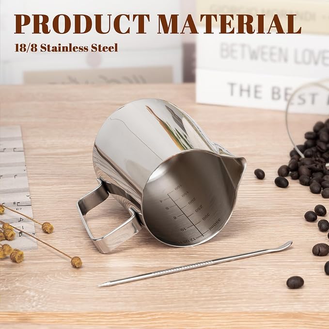 Amrules Milk Frothing Pitcher, 12oz Milk Frother Cup with Clear Scale, 304 Stainless Steel Cappuccino Espresso Machine Accessories for Barista Coffee Bar with Latte Art Pen, Silver - Image 5
