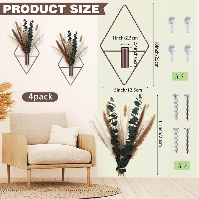 Jexine 4 Pcs Hanging Planters with Artificial Pampas Metal Hanging Vase Indoor Plants Holder Modern Geometric Boho Bathroom Wall Decor for Living Room Home Office, Bronze - Image 2