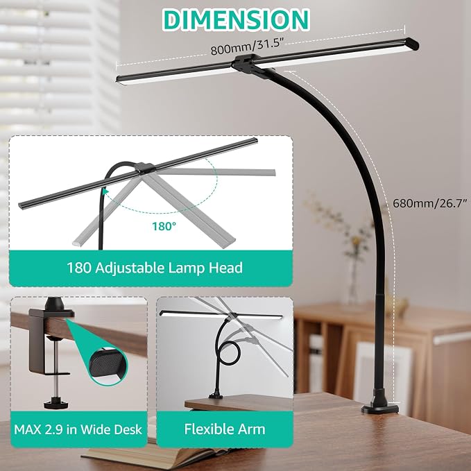 ShineTech LED Desk Lamp for Home Office, 4000K Neutral White Double Head Architect Task Lamps with Clamp, Dimmable Adjustable Flexible,Black - Image 8