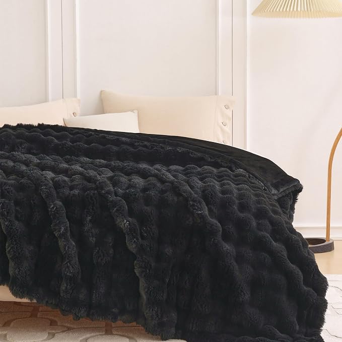 COOVA Faux Fur Throw Blanket for Couch, Cozy Soft and Fuzzy Plush Rabbit Fur Bubble Blanket for Sofa Bedroom Living Room, 50x60 Inches Black - Image 4