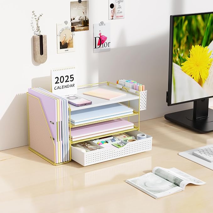 gianotter Wood Desk Organizers and Accessories with File Holder, 4-Tier Desk Accessories & Workspace Organizers with Drawer and Pen Holder, Desk Reference Organizer (Gold, 4T with Drawer) - Image 4