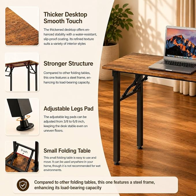 Folding Table Computer Desk - 55.1" No Assembly Folding Desk Design and Foldable Office Desk, Small Desk for Bedroom, Compact Storage Portable Use for Dorm and RV Small Space, Rustic Brown - Image 6