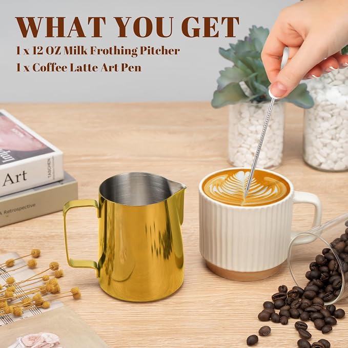 Amrules Milk Frothing Pitcher, 12 oz Milk Frother Cup with Clear Scale, 304 Stainless Steel Cappuccino Espresso Machine Accessories for Barista Coffee Bar with Latte Art Pen, Gold - Image 3