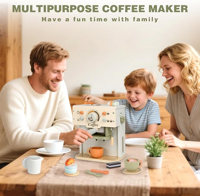Toy Coffee Maker Wooden Kitchen Accessories for Kids Pretend Play, Green | Dreamon Kids Coffee Playset, Built-in Storage, Montessori Kitchen Toys for Toddlers Age 3-5 Creative Christmas Birthday Gifts - Image 2