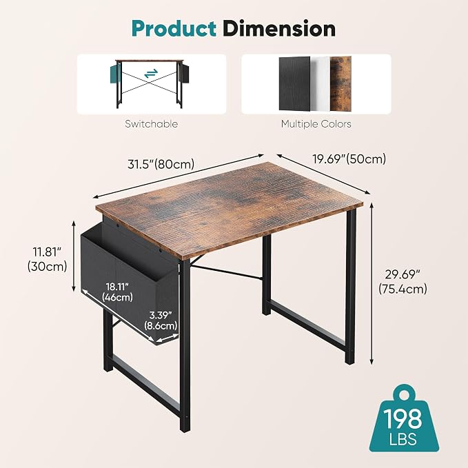 OLIXIS Small Computer Desk, 31 Inch Gaming Desks for Home Office | Writing Study Craft Work Table, Computer Workstation for Bedroom Small Spaces with Storage Bag, Rustic Brown - Image 3