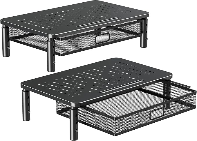 ELIVED 2 Pack Monitor Stand Riser with Metal Drawer, 3 Height Adjustable | with Larger Storage Space for Home and Office Supplies, Metal Desktop Stand for Laptop Computer Printer PC iMac by ELIVED