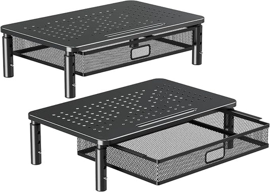 ELIVED 2 Pack Monitor Stand Riser with Metal Drawer, 3 Height Adjustable | with Larger Storage Space for Home and Office Supplies, Metal Desktop Stand for Laptop Computer Printer PC iMac by ELIVED