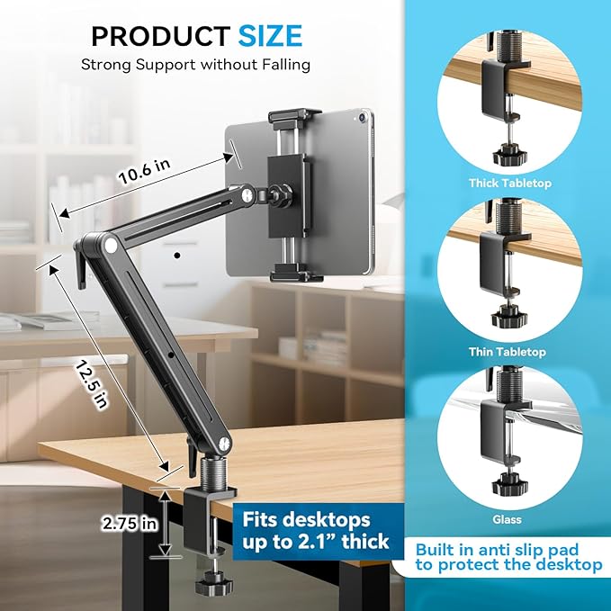Jakeko Adjustable Portable Monitor Stand 15.6" - 360° Rotating Base Tall Tablet Desk Arm Holder Stand for iPad Air/Pro/Mini Swivel Flexible Clamp Mount Soporte para Tablet/Monitor Portatil/Ereader - Image 4