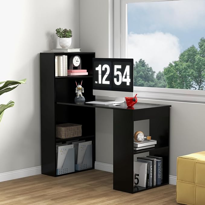 Giantex 48 Inch Computer Desk with Bookshelf, 3-in-1 Home Office Desk with 4-Tier Bookcase & CPU Stand, Space-Saving Reversible Writing Desk Work Table for Bedroom, Study Room, Office (Black) - Image 4