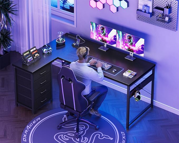 AODK 53" L Shaped Gaming Desk with 4 Drawers and Power Outlets, Black | USB Ports, PC Tower Stand, Hooks, Reversible Corner Layout for Gaming Rooms, Bedrooms and Home Office - Image 7