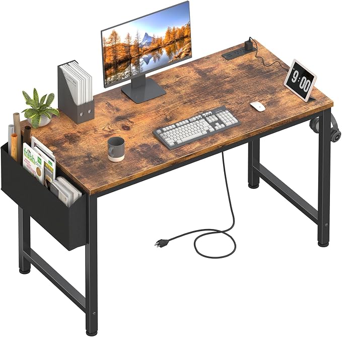 Lufeiya Computer Desk with Power Outlet, 47 inch Teen Study Table Home Office Work Writing Gaming Desks with Charging Station Outlets Built in, Brown by LUFEIYA