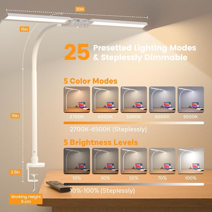 SIBRILLE Upgraded LED Desk Lamp for Home Office with RGB, Rotatable Computer Desk Light with Remote, Tall Table Lamp with Clamp for Working, Dimmable Dual Head Task Lighting for Monitor PC, 22W - Image 3