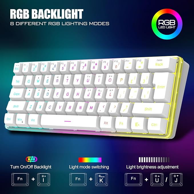 RedThunder 60% Wireless Gaming Keyboard and Mouse Combo, 2500mAh Rechargeable Battery, Ultra-Compact Small RGB Mechanical Feel Keyboard, Lightweight Honeycomb Optical Mouse for Gaming/Business, White - Image 5