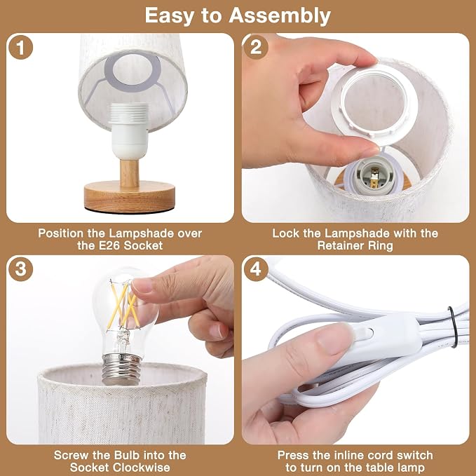 Fenmzee Small Lamps Set of 2 (Cream Shade - Wood Base, 9" Inline Control) | Two 3000K LED Blubs Included | 680 Lumens | Easy Assembly | Minimalist Design | E26 | for Kitchen | for Kids Room - Image 8