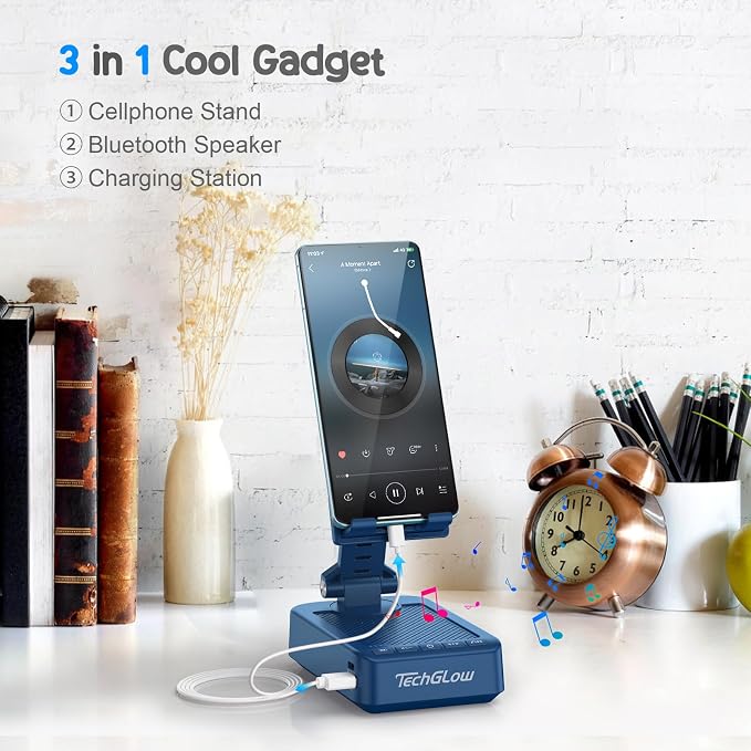 TechGlow Gifts for Men Women Foldable Cellphone Stand with Bluetooth Speaker and Charging Function 360° Rotatable Phone Stand Birthday Gift Idea for Mom Dad Cool Tech Gifts-Blue - Image 2