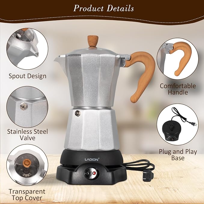 LAOION Cafeteras Electricas Modernas,6 Cup Portable Espresso Maker,300ml | Moka Pot with Detachable Base & Overheat Protection, Great for Home，Office, or Travel, a Thoughtful Gift for Coffee Lovers - Image 3