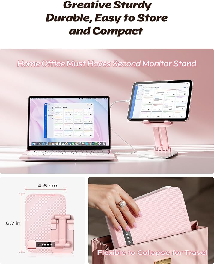 LISEN for iPad Stand Adjustable Tablet Holder Desk, iPad Accessories Pink | Foldable eBook Readers Desk Accessories Fits Kindle Stand 4-15.9" - Image 3