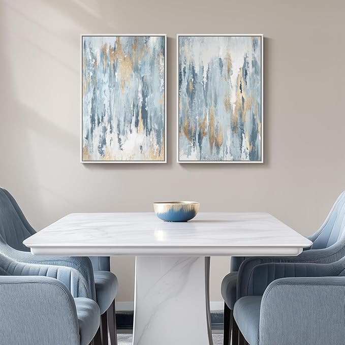 White Framed Blue and Gold Abstract Canvas Wall Art for Bedroom, Set of 2 Modern Minimalist Art Prints Paintings Artwork for Walls, Glitter Pictures for Living Room, Dining Room Wall Decor 16x24 In - Image 4
