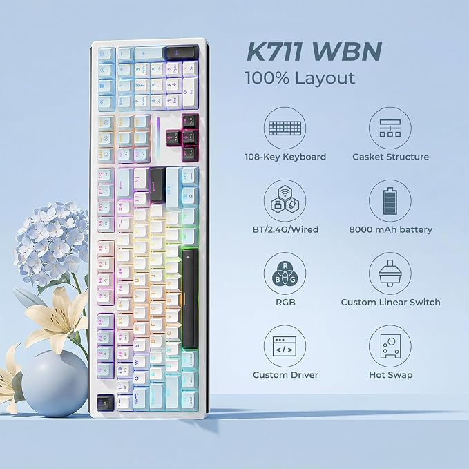 Redragon K771 Wireless Mechanical Keyboard, 108-Key Gaming Keyboard with 4 Extra Hotkeys, 5-Layer Noise Dampening, Pre-lubed Linear Switches, Hot-swap Custom RGB Keyboard for PC/Mac - Blue&White - Image 2