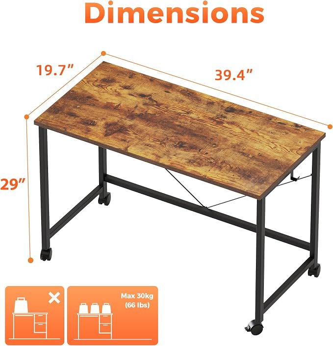 Mericonia 39x20 Inch Computer Desk with Wheels, Small Simple Rolling Desk | Writing Table for Home Office Bedroom Work Study, Brown - Image 2