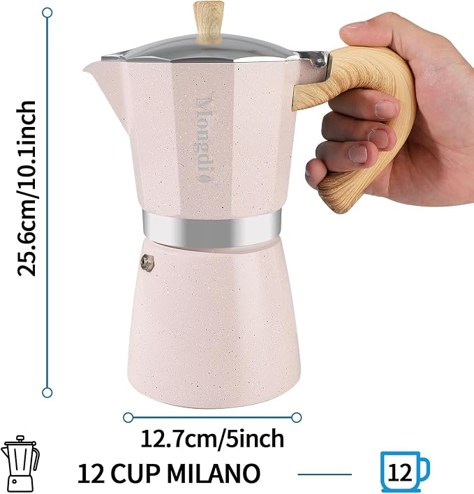 Mongdio Stovetop Espresso Maker Moka Pot, Cuban Coffee Maker Stove top coffee maker Moka Italian Espresso Greca Coffee Maker Brewer Percolator, 12 Espresso Cups, 20 oz - Pink - Image 6