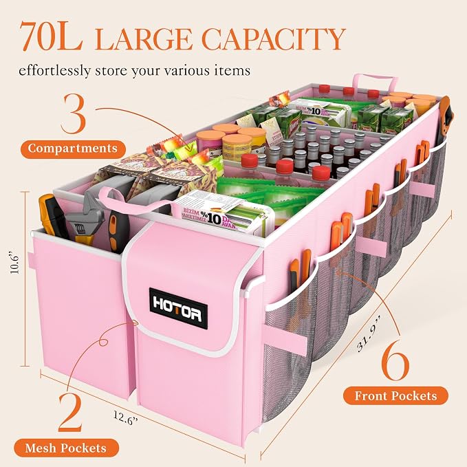HOTOR Trunk Organizer for suv - Car Organizer, Foldable Trunk organizer for SUVs & Sedans, Sturdy Car Organization for Car Accessories, Tools, Sundries, Pink, 3 Compartments, 31.9"×12.6"×10.6" - Image 2