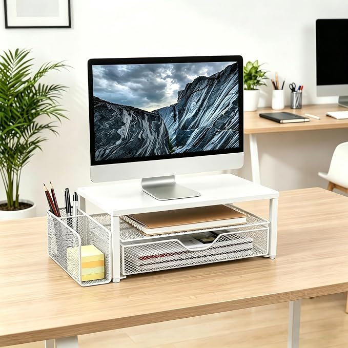 Spacrea Desk Organizer and Accessories, Computer Monitor Stand Riser with Drawer and 1 Open Pen Holder, Printer & Laptop Stand, Office Desk Accessories for Home Office Supplies (White) - Image 7