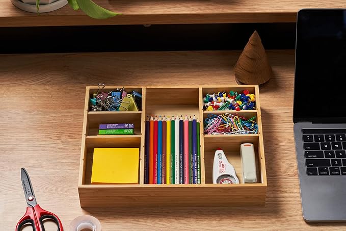 Umilife Bamboo Desk Drawer Organizer, Wood Junk Organizer Tray with Adjustable Dividers, Anti-Skip Storage Organization in Office Bathroom Drawer for Vanity, Makeup, 12" x 9" - Image 5