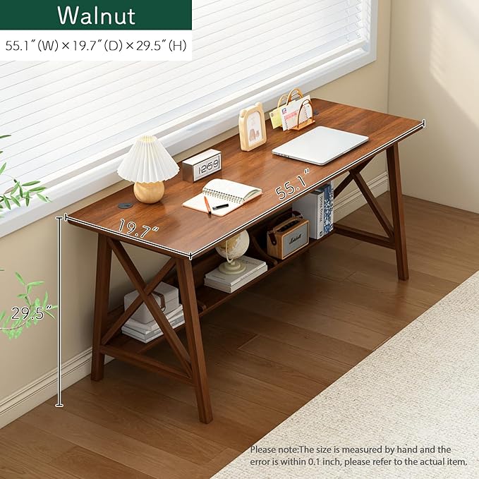 NELYE Extra Long Writing Desk with Bookshelf, 55" Wx20 Dx30 H, Walnut | Wooden Home Office Work Study Table, Computer Gaming Workstation with Storage Shelf, Sturdy MDF Resists Wobble - Image 5