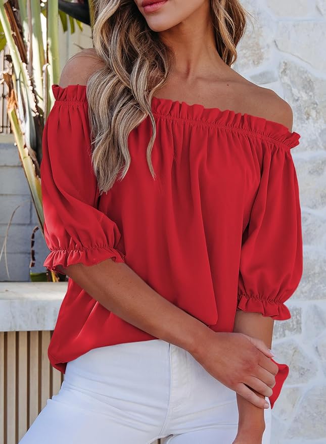 EVALESS Womens Tops Off The Shoulder Blouses for Women Dressy Casual Cute Puff Sleeve T Shirts Fashion 2026 - Image 3