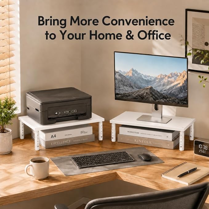 OPNICE Monitor Stand Riser for Desk, Adjustable Computer & Laptop Stand, Desk Organizer for Monitor, Laptop, PC, Printer, Office Desk Accessories for Home & Office, White Wood - Image 5