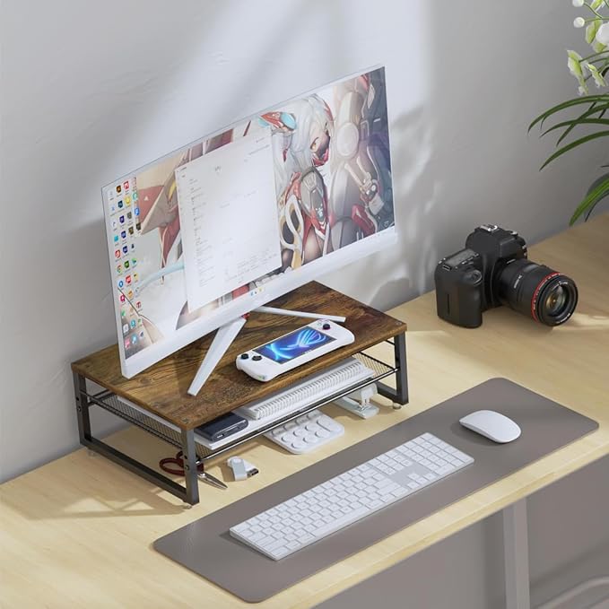 gianotter 2-Tier Metal Monitor Stand Riser, Desk Organizer for Monitor, Office Desk Storage Organizer for Office Supplies (Wood) - Image 3