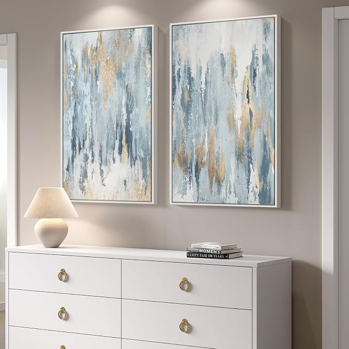 Large White Framed Blue and Gold Abstract Canvas Wall Art, 2 Piece Modern Minimalist Art Prints Paintings Artwork for Walls, Glitter Pictures for Living Room, Dining Room, Bedroom Wall Decor 20x30 In - Image 2
