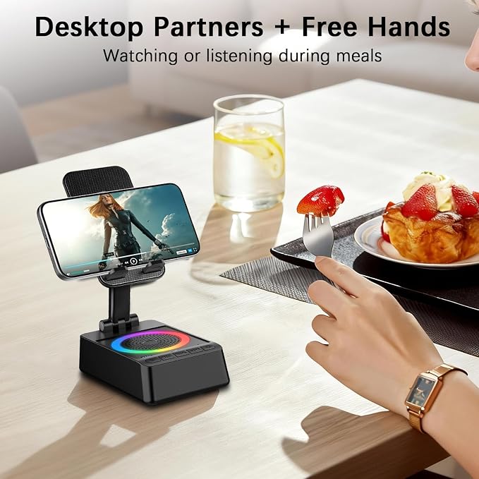 Gifts for Men Women, Cell Phone Stand with Wireless Bluetooth Speaker, 4 in 1 Bluetooth Speaker, for Men Women Teens, LED Lights 360° Phone Holder Compatible with Phones iPad - Image 2