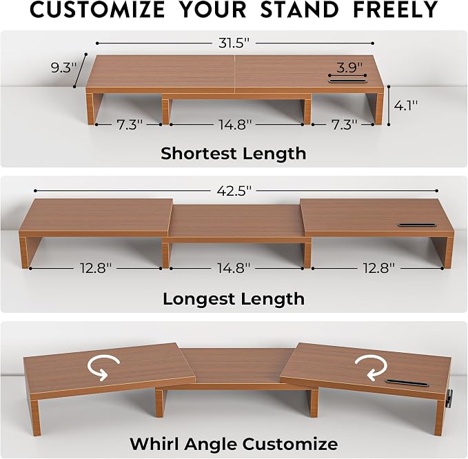 BONTEC Dual Monitor Stand Riser with Smartphone Holder, Adjustable Length & Swivel Angle, Ergonomic Wooden Desktop Organizer for PC Monitor, Laptop, Printer, Large Storage, 42.5 in, Walnut - Image 3