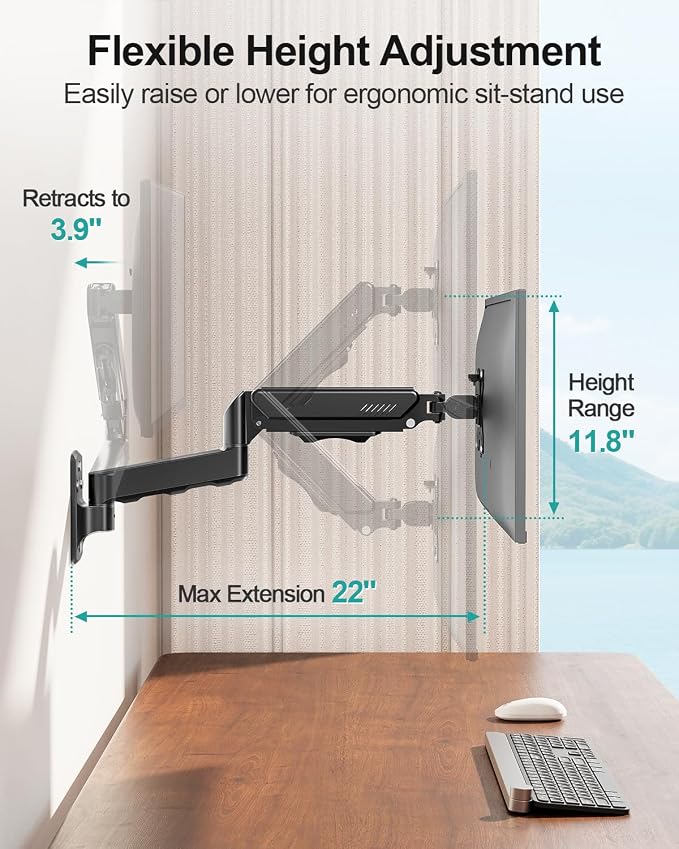 MOUNT PRO Monitor Wall Mount for 13 to 32 Inch Computer Screens, Single Monitor Mount with Tilt/Swivel/Rotation Adjustable, Gas Spring Wall Arm Holds up to 19.8lbs, Vesa Wall Mount 100x100 - Image 4