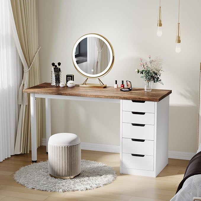 Garvee Computer Desk with 5 Drawers, 47 Inch Modern Simple Study Writing Desk with Storage, Rustic Home Office Desk, Reversible Computer Desk for Small Spaces, Apartments, Dorms, Brown+White - Image 3
