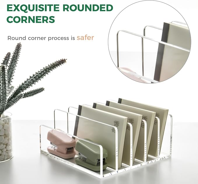 5 Compartments Clear Acrylic Mail Holder – Vertical Letter Sorter & Multifunction Desk Organizer for Bills, Documents, Notebooks – Modern Office/Home Envelope File Rack - Image 5